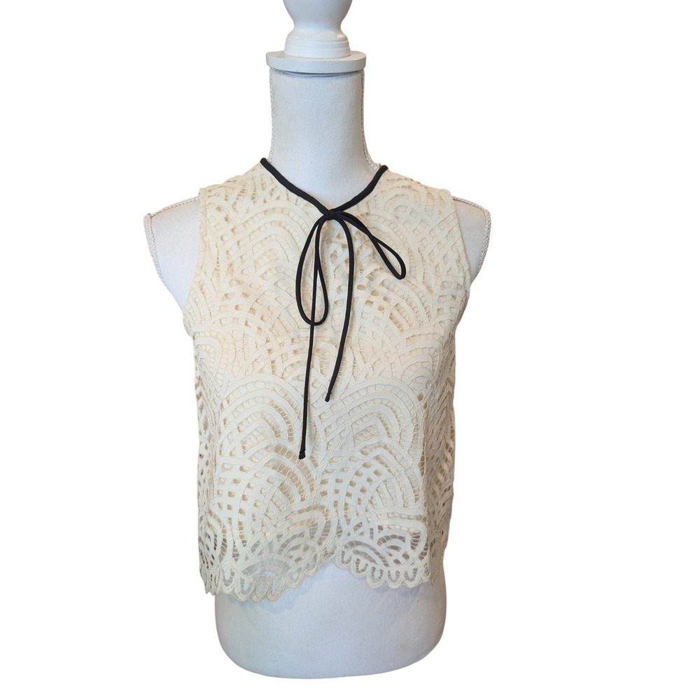 Zara Collection Sleeveless Top Ivory Lace Tie Neck Size Small Scalloped Hem